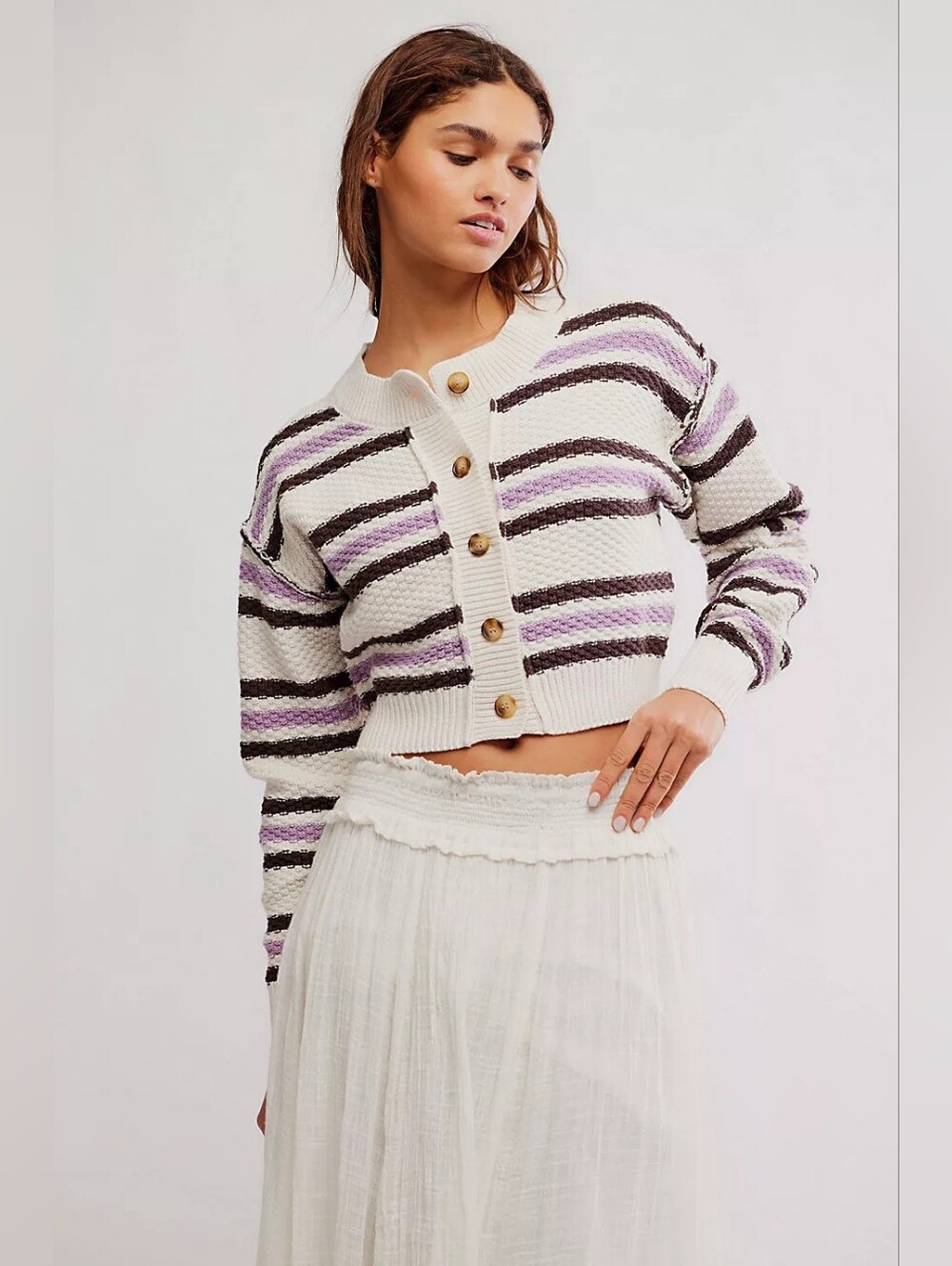 Free People Lila Stripe Cardigan Cream Purple Brown Cropped Sweater Large